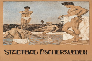 Gruppe von Menschen, die in einem Schwimmbad stehen und sitzen, mit Werbetext in Aschersleben, Deutschland.