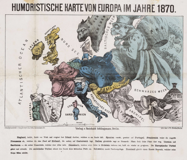 Ein Plakat mit einer Karte von Europa aus dem Jahr 1870, umgeben von Cartoons und dem Text "Humoristische Karte von Europa im Jahre 1870".