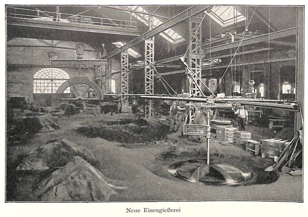 Schwarzes und weißes Foto einer Fabrik mit Arbeitern, die Maschinen bedienen, umgeben von Metallstangen und -pfählen, beschriftet mit 'Neue Eisengießerei, die erste Fabrik in Deutschland'.