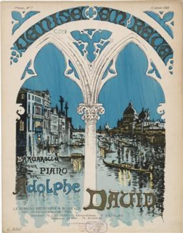 Plakat für ein Klavierkonzert in Venedig, Italien, mit einer Illustration von Gebäuden, Wasser und einer Säule.