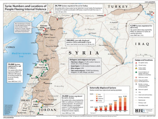 Plakat mit einer Karte von Syrien und Daten zu Binnenflüchtlingen aufgrund von Gewalt, begleitet von Text und Grafiken.