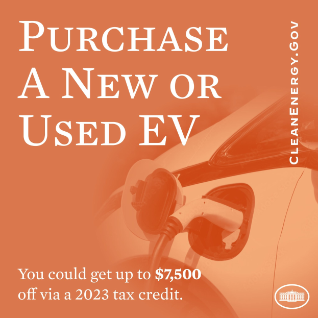 Poster advertising a tax credit of up to $7,500 for purchasing a new or used electric vehicle in 2023, featuring an image of a car.