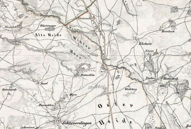 Schwarze und weiße Karte von Heidelberg mit einer roten Linie, die hindurchläuft, und Textanmerkungen.