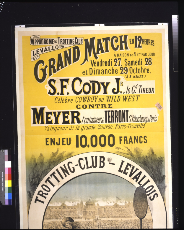 Ein Vintage-Plakat, das einen Wrestling-Kampf zwischen S.F. Cody und Meyer ankündigt, mit Text, der das Ereignis beschreibt.