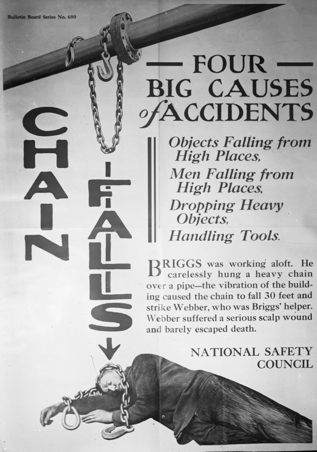 Schwarzer und weißer Plakat mit der Aufschrift "Vier große Ursachen für Unfälle" mit einem Bild einer Person auf einem Pfahl mit Ketten daran.