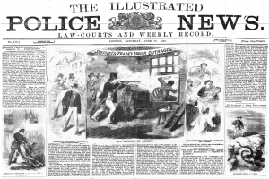 Schwarze und weiße Titelseite der Illustrated Police News von 1867 mit einer zentralen Illustration einer Gruppe von Menschen und dem Text "Police News" mit einem Logo oben drauf.