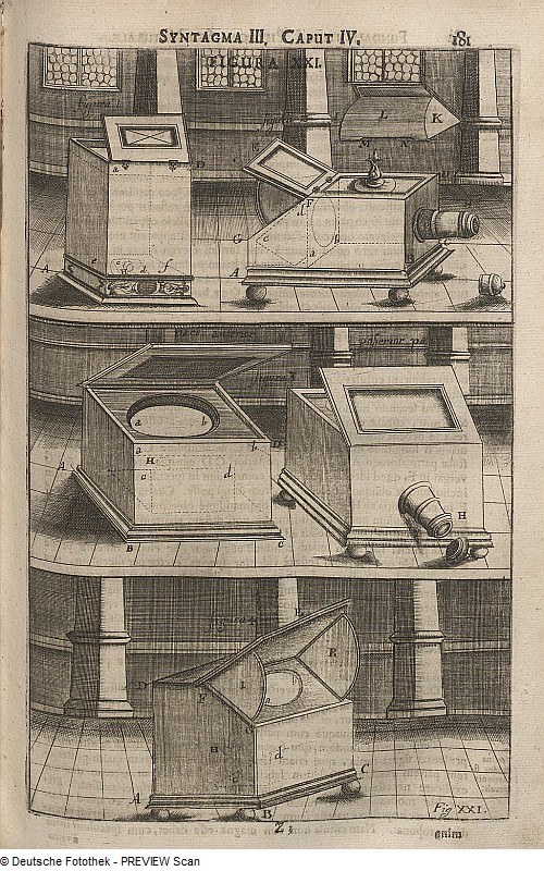 Ein altes Buch mit einer Zeichnung eines Stereoskops auf dem Cover, das Text und Zahlen auf den Seiten enthält.