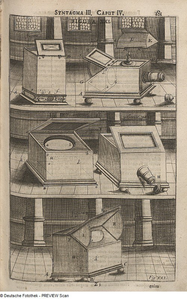 Ein altes Buch mit einer Zeichnung eines Stereoskops auf dem Cover, das Text und Zahlen auf den Seiten enthält.