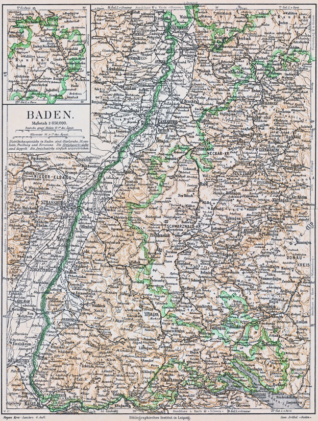 Alte detaillierte Karte von Baden-Württemberg, Deutschland, mit Text oben und unten, die Straßen, Städte und geografische Merkmale zeigt.