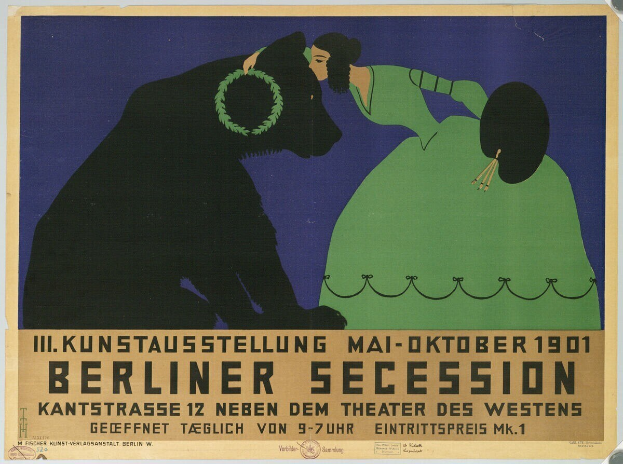 Plakat für die Berliner Secession mit einer Frau in einem grünen Kleid und einem Mann in einem schwarzen Anzug, mit Text zur Beschreibung des Ereignisses.