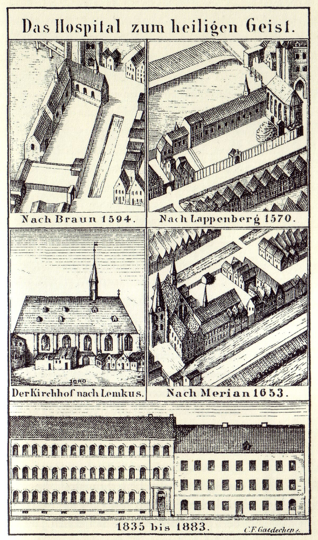 Eine detaillierte Plakatillustration eines deutschen Krankenhauses mit Gebäuden, die Fenster, Türen und Balkone aufweisen, begleitet von Text, der dessen Größe, Lage und Merkmale beschreibt.