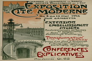Ein Plakat, das eine Ausstellung in Cite Moderne ankündigt, mit einem Gebäude, einem Tor und einem bewölkten Himmel, sowie Text mit Ausstellungseinzelheiten.