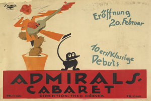 Plakat für das Admiral's Cabaret in Berlin mit einer Cartoon-Figur eines Mannes in weißem Hemd und schwarzem Hut, der eine Gitarre spielt, mit einem menschlichen Gesicht, vor einem hellgelben Hintergrund und schwarzem Text im Retro-Stil.