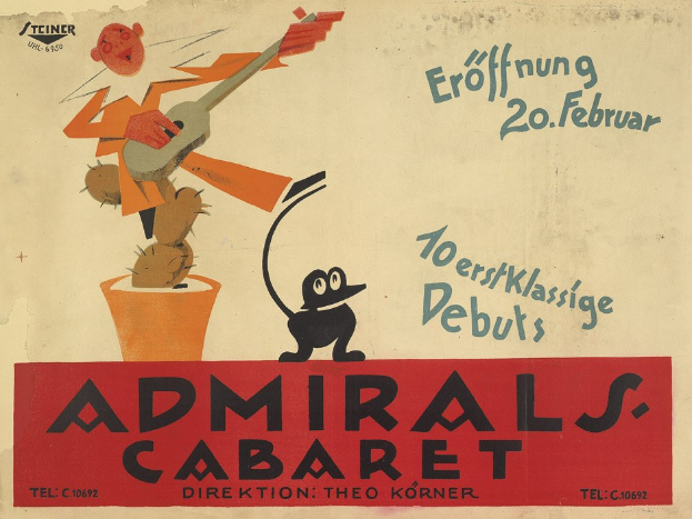 Plakat für das Admiral's Cabaret in Berlin mit einer Cartoon-Figur eines Mannes in weißem Hemd und schwarzem Hut, der eine Gitarre spielt, mit einem menschlichen Gesicht, vor einem hellgelben Hintergrund und schwarzem Text im Retro-Stil.