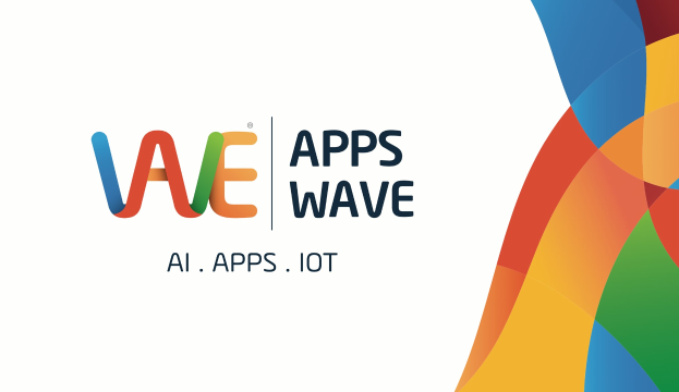 Farbenfrohes Design mit den Wörtern "AI, Apps, IoT" auf einem weißen Hintergrund.