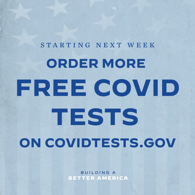 Plakat mit weißer Schrift auf blauem Hintergrund, auf dem steht: "Ab nächster Woche bestellen Sie mehr kostenlose Covid-Tests auf CovidTests.gov."
