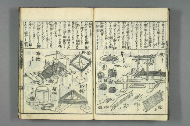 Offenes Buch aus dem 18. Jahrhundert mit einer detaillierten Zeichnung einer Maschine, begleitet von Text und anderen Illustrationen auf einer flachen Oberfläche.