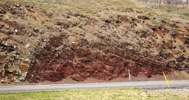 Großer Erdrutsch an der Seite einer Straße mit Gras am Boden, einem Hügel, Bäumen und Himmel im Hintergrund.