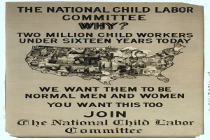 Plakat mit der Aufschrift "Das Nationale Komitee gegen Kinderarbeit: Warum? Zweieinhalb Millionen Kinderarbeiter unter sechzehn Jahren heute" mit einer USA-Karte und Abbildungen von Komiteemitgliedern.