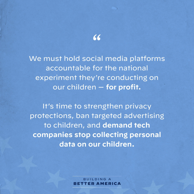 Plakat mit einem Zitat aus Building a Better America, das besagt, dass soziale Medienplattformen für das Experimentieren an Kindern zur Gewinnmaximierung zur Rechenschaft gezogen werden sollten, dekoriert mit Sternen.