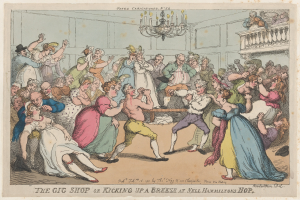 Ein Bleistiftbild zeigt eine Gruppe von Menschen, die in einem Raum mit einer Lampe und einer Wand im Hintergrund tanzen, mit dem Text "The Gig Shop oder Aufwind bei Neil Hamiltons Hop" unten.