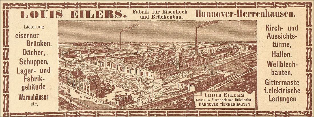 Schwarze und weiße Werbung für die Louis Eilers Hannover-Herrenhausen-Fabrik, die ein Foto des Fabrikgebäudes mit begleitendem Text zeigt.