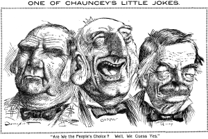 Plakat mit dem Titel "Einer von Chaunceys kleinen Witzen" mit einer Zeichnung von drei lachenden Menschen.