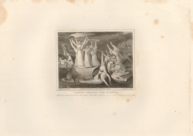 Schwarz-weißes Kupferstich "Aaron Staying the Plague" zeigt verstörte Menschen in einem Feld unter einem tiefblauen Himmel mit untergehender Sonne.