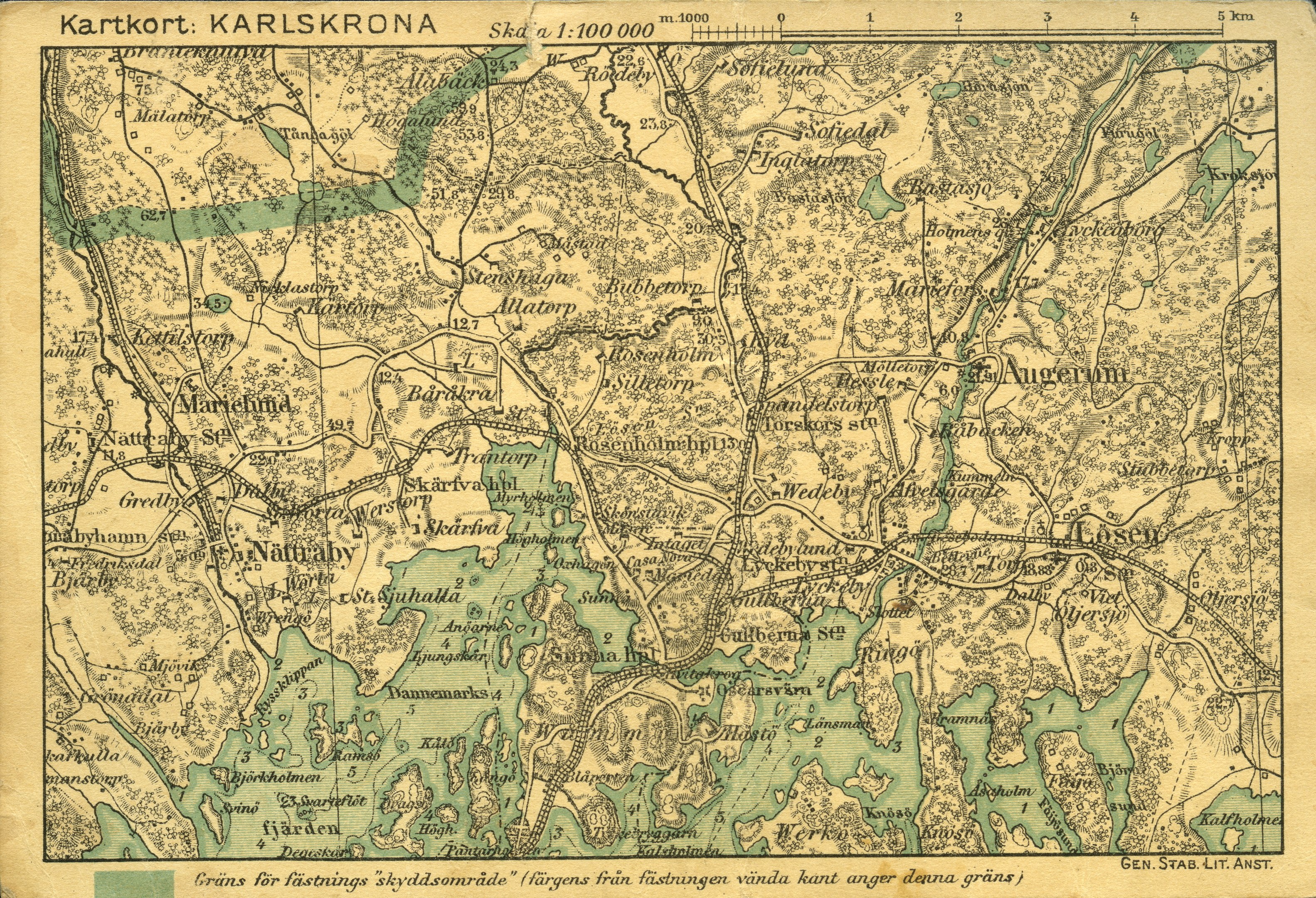 Ausführliche alte Karte von Karlsruhe, Deutschland, mit sichtbaren Straßen, Gebäuden und Sehenswürdigkeiten, begleitet von Text oben und unten auf dem Papier.