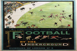 Plakat, das Zuschauer bei einem Fußballspiel in einem Stadion zeigt, mit der Aufschrift "Fußball von der U-Bahn - Humours of London No. 3" oben.