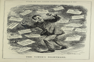 Ein Mann im Anzug und Krawatte hält ein Schild mit der Aufschrift 'Der Albtraum des Wählers' mit entschlossener Miene, strahlend Selbstbewusstsein aus.