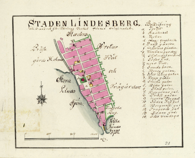 Detailierte Papierkarte von Staden Lindesberg, Deutschland, mit Straßen, Gebäuden und Sehenswürdigkeiten mit handgeschriebenem Text.