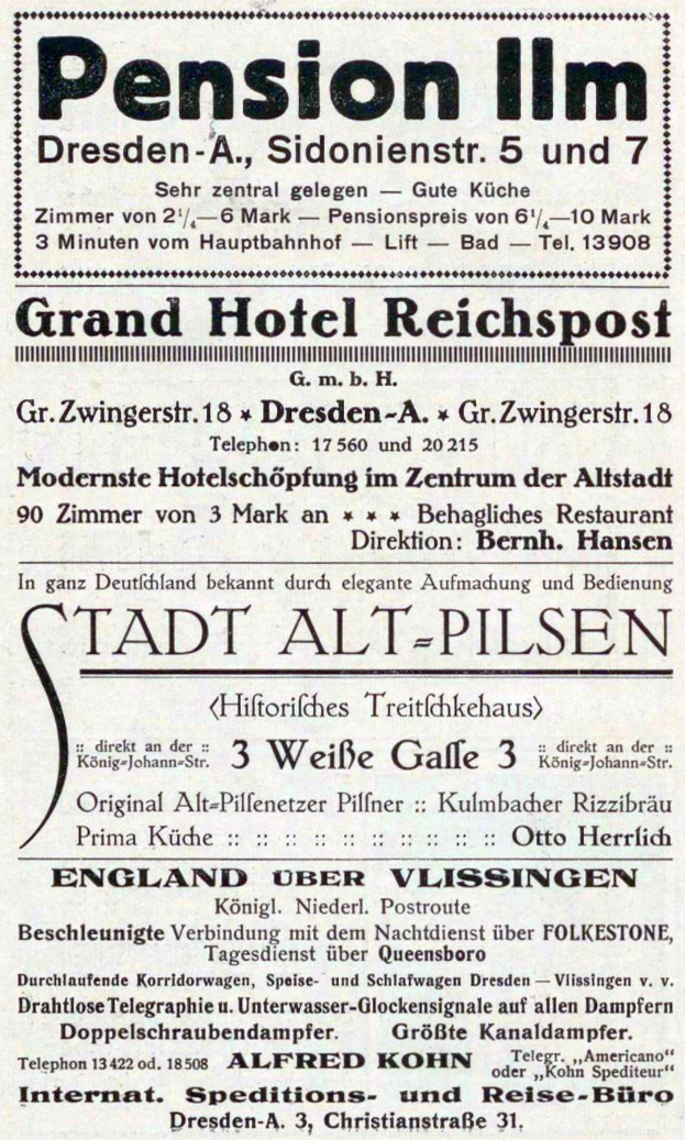 Schwarz-weiß-Anzeige in einer Zeitung für eine Pension in Dresden, Deutschland, mit Text auf weißem Hintergrund.