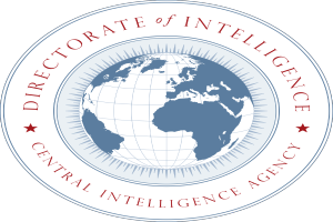 Ein blauer Kreis mit einem weißen Stern in der Mitte, umgeben von den Wörtern "Directorate of Intelligence" in weißer Schrift, vor einem blauen Hintergrund.