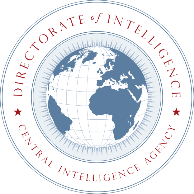 Ein blauer Kreis mit einem weißen Stern in der Mitte, umgeben von den Wörtern "Directorate of Intelligence" in weißer Schrift, vor einem blauen Hintergrund.