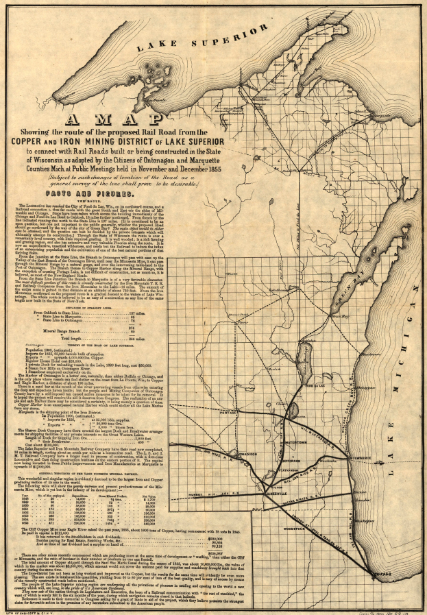 Eine alte Karte der Vereinigten Staaten, die das Kupfer- und Eisenabbaugebiet des Lake Superior hervorhebt, mit detaillierten geografischen Merkmalen und beschrifteten Städten, Orten und Gewässern.