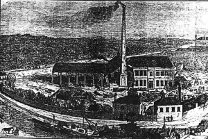 Eine Schwarzweiß-Zeichnung einer Fabrik in einem Feld mit Gebäuden, Bäumen und einem Pfahl im Vordergrund, mit dem Text "The New York State Penitentiary" unten.