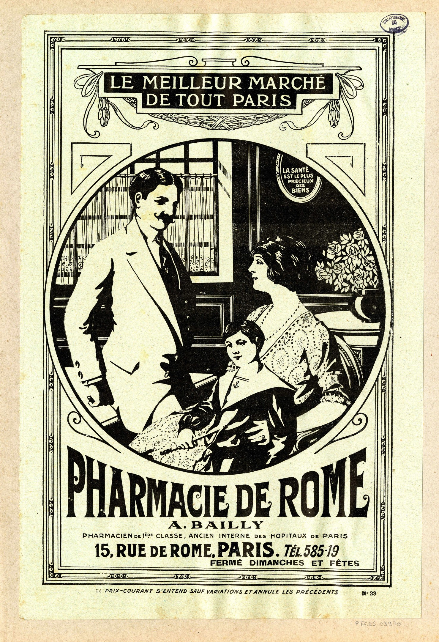 Schwarze-Wei├če-Reklame für eine Apotheke in Rom, mit einem Mann und einer Frau, die nebeneinander stehen, und Text, der die Apotheke und ihre Dienstleistungen beschreibt.