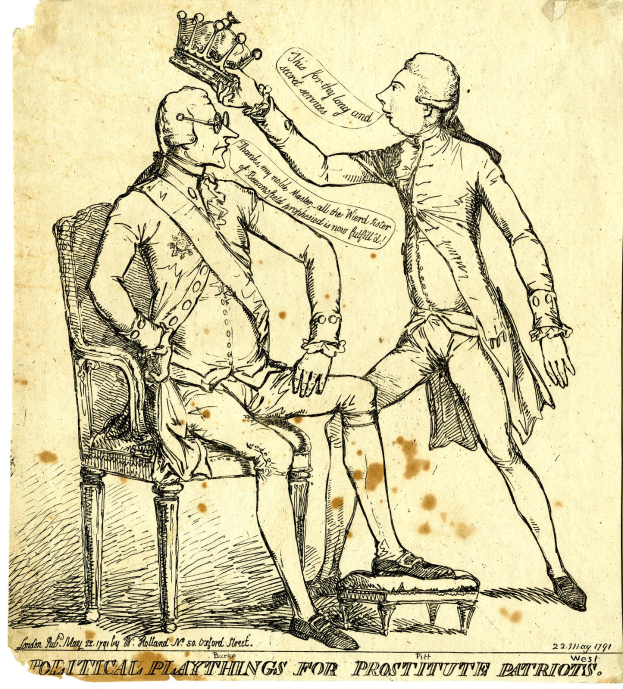 Ein Mann sitzt auf einem Stuhl und trägt eine Krone, neben ihm steht eine weitere Person, und unten steht Text, der lautet: "Politische Spielzeuge für Prostituierte Patrioten."