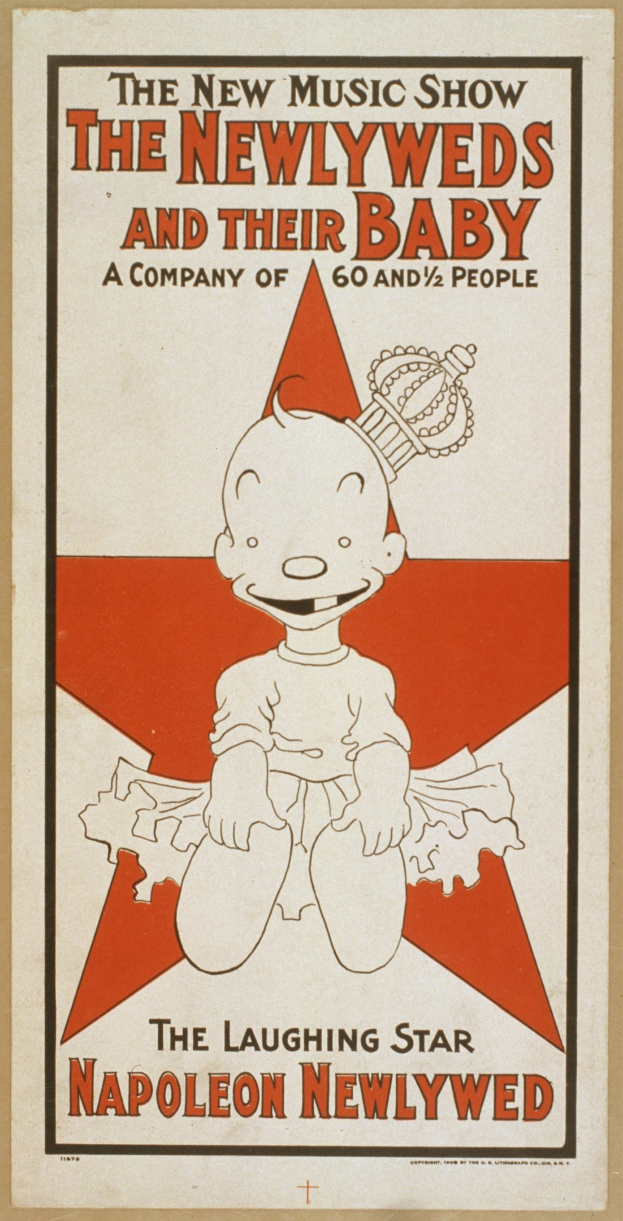 Plakat für "The New Music Show: The Newlyweds and Their Baby" mit einer Cartoon-Baby in einem weißen Strampler mit pinker Schleife, das gegen einen hellblauen Hintergrund mit verstreuten Sternen lächelt und in fetter schwarzer Schrift.