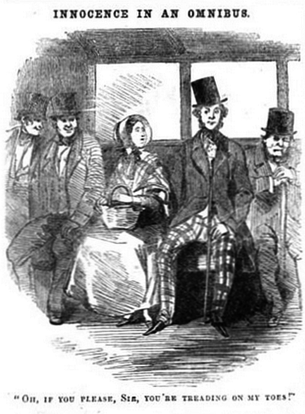 Eine Gruppe von Menschen in einem Zug, mit einer Frau in einem langen Kleid und Hut, die einen Korb hält, umgeben von besorgten Passagieren, die zu ihr aufschauen; die Szene trägt den Titel "Unschuld in einer Omnibus."