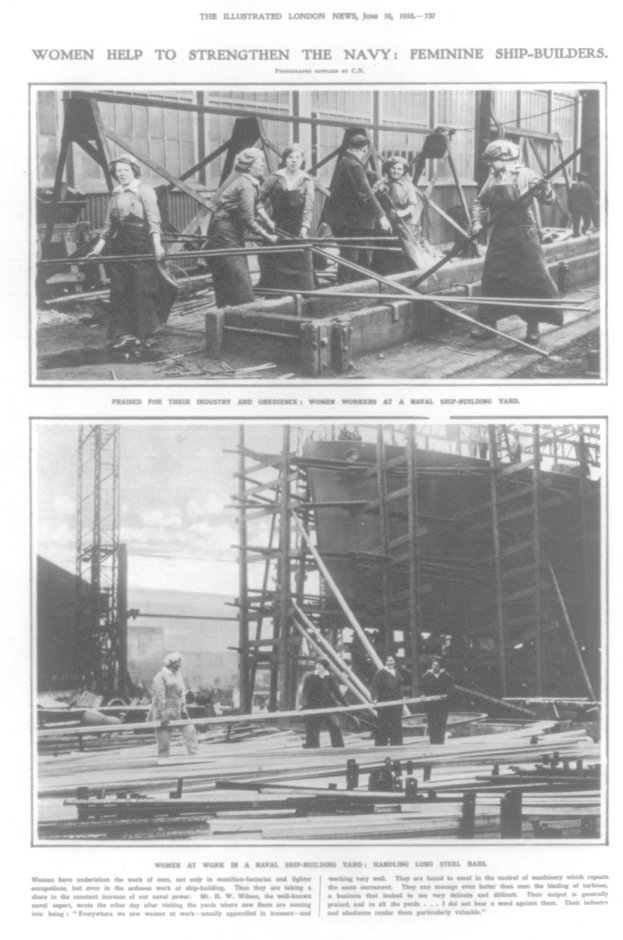 Schwarzes und weißes Foto von Frauen, die Metallteile auf einem Schiff zusammenbauen, mit Text oben und unten, der "Frauen stärken die Marine Feminine Schiffbauer".