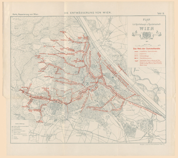 Alte Karte von Wien, Deutschland mit roten Linien, die die Bahnroute markieren, auf Papier gedruckt.