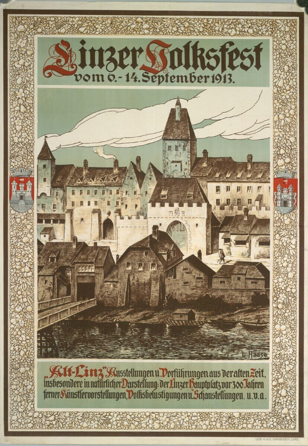 Plakat, das ein Festival in Deutschland mit einer Illustration eines Schlosses umgeben von Häusern und Text mit Festivaldetails ankündigt.