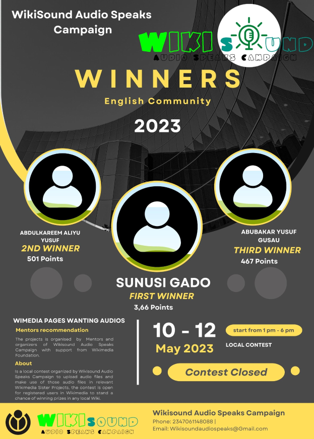 Ein buntes Plakat mit einem blauen Hintergrund und gelber und weißer Schrift, die in fetter Schrift "Gewinner" lesen, mit lächelnden Menschen in der Mitte.