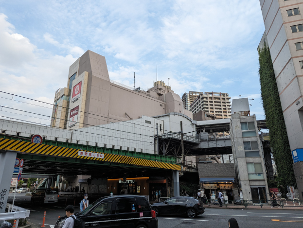 Eine belebte Stadtstraße mit fahrenden Autos, Fußgängern auf dem Gehweg, Verkehrskegel, Schilder, eine Brücke, Gebäude mit Fenstern, Bäume und einen bewölkten Himmel.