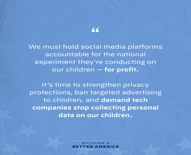 Plakat mit einem Zitat aus Building a Better America, das lautet: "Wir müssen die sozialen Medien-Plattformen für das nationale Experiment zur Rechenschaft ziehen, das sie an unseren Kindern durchführen - für Profit.", verziert mit Sternen.