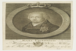 Porträt des Königs Karl Friedrich Friedrich von Deutschland mit Krone, ernstem Gesichtsausdruck und direktem Blick auf den Betrachter, mit Text auf dem Papier vor ihm.