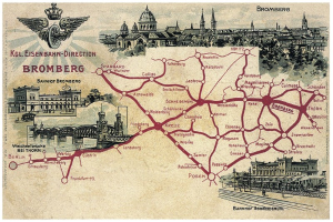 Detailierte Poster-Karte von Bromberg, Deutschland, zeigt Straßen, Sehenswürdigkeiten, Gebäude, Bäume, eine Brücke und informative Texte über die Geschichte, Kultur und Attraktionen der Stadt.