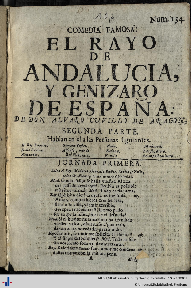 Offenes Buch mit dem Titel 'El Rayo de Andalucia y Genizar de España' mit gelblichen Seiten und schwarzer Schrift